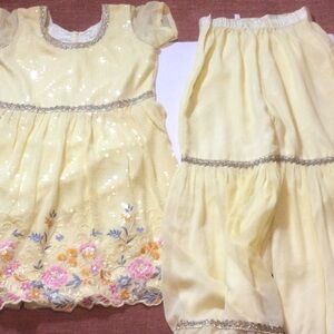 Yellow Sequin Dress and Pants Set with Floral Embroidery Sz 34 or large kids